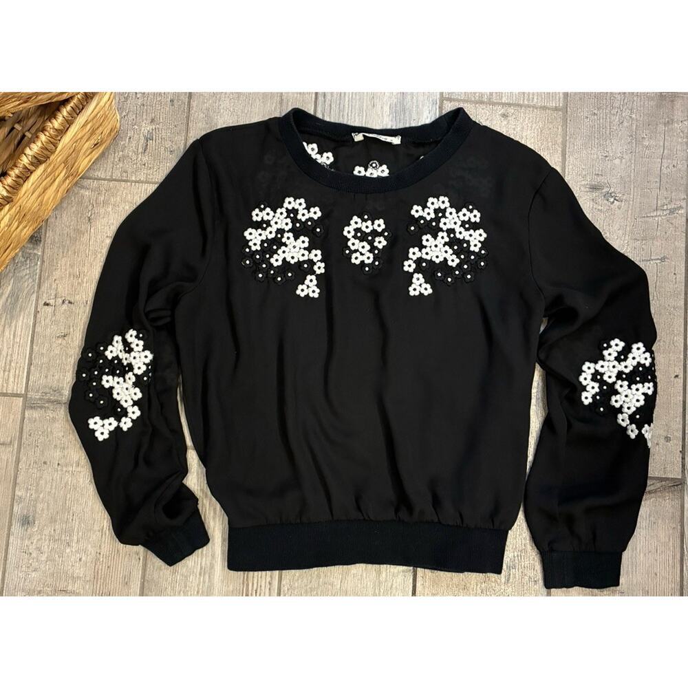 Darling London Black Floral Embroidered Sweatshirt Banded Waist Coquette Medium
